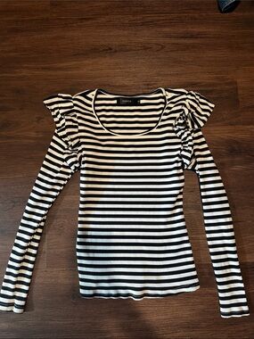 Zesica Black & White Striped Ruffle Shoulder Long Sleeve Tee